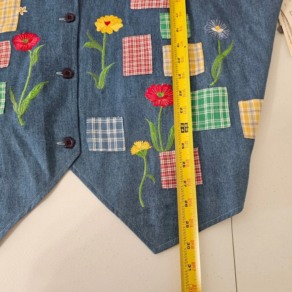 Vintage 90s Victoria Jones 24W Denim Vest Hand Embroidered Patchwork Floral NWT